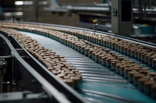 Metal industry machinery in motion on production line conveyor belt generated by artificial intelligence